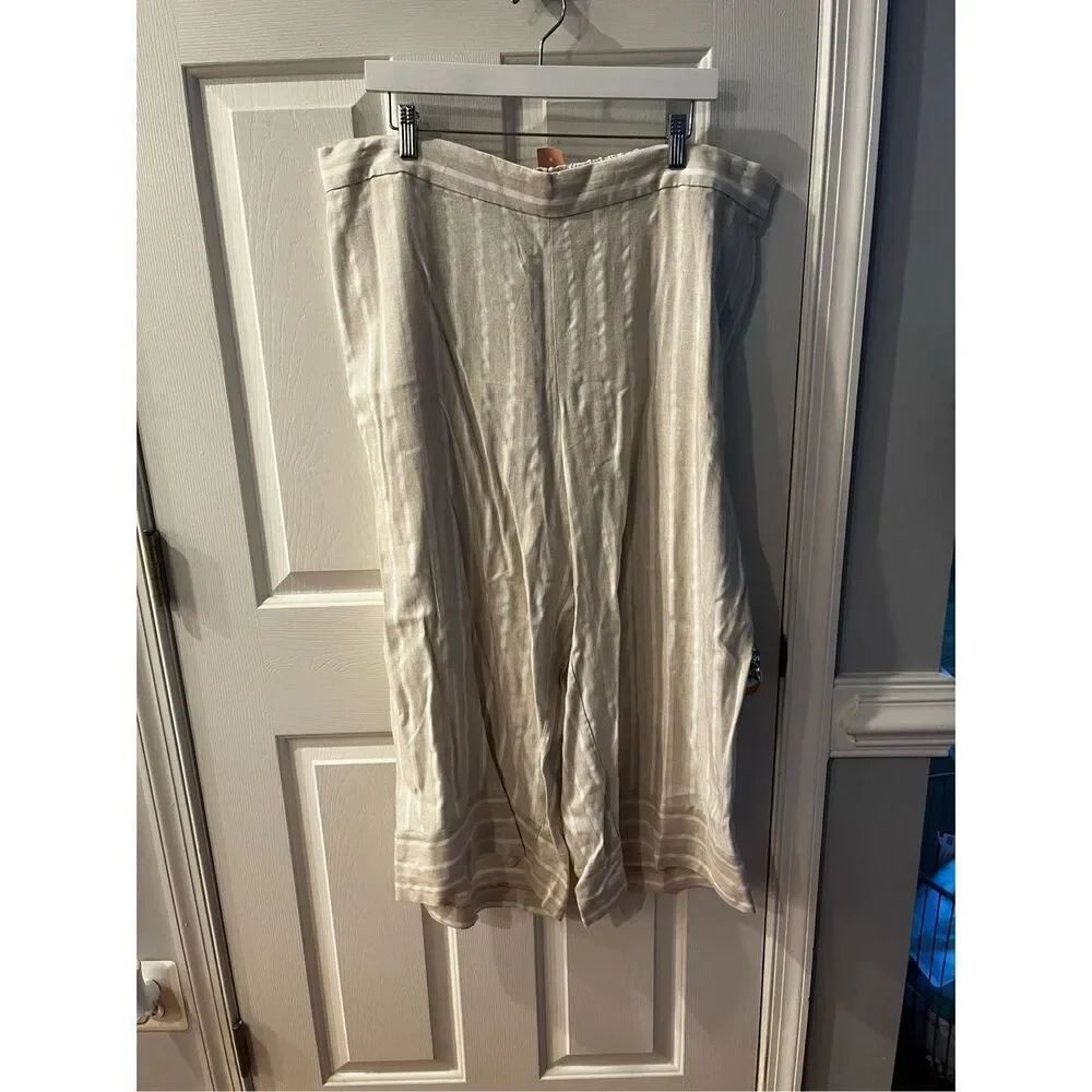 Loft Plus Tan & White Wide Leg Viscose Linen Blend Wide Leg Beach Pants sz 18 NW